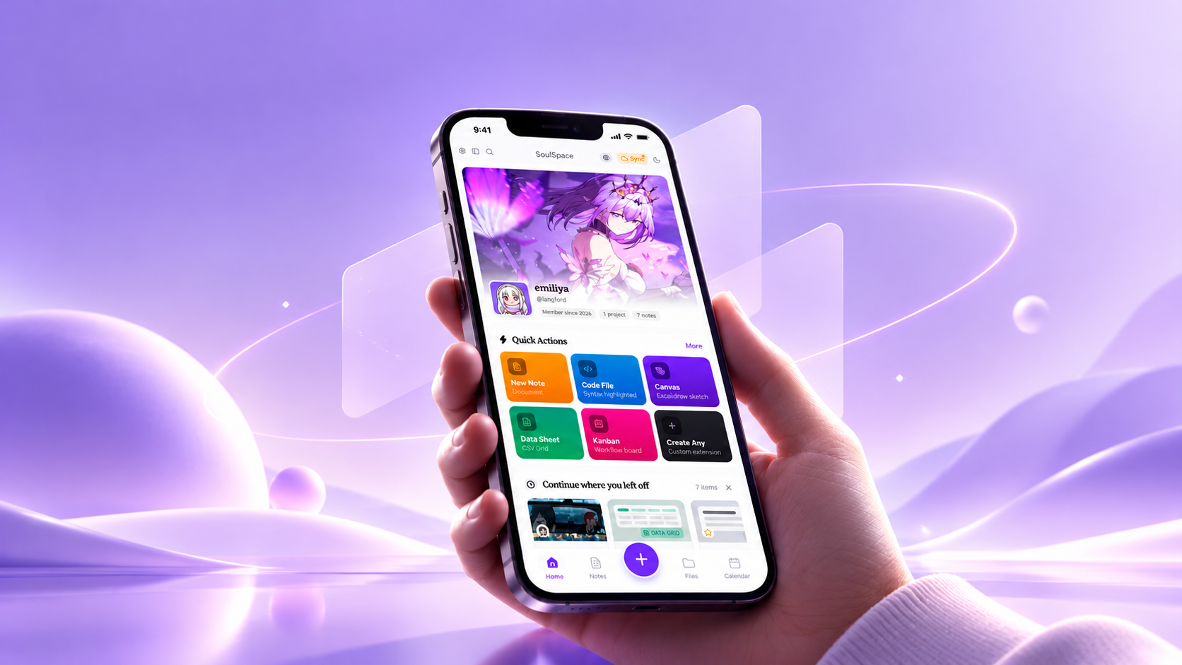 SoulSpace mobile workspace shown on a phone