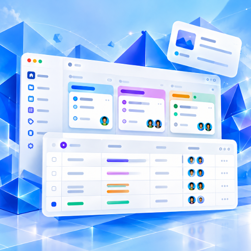 A project workspace with Kanban columns and a data table